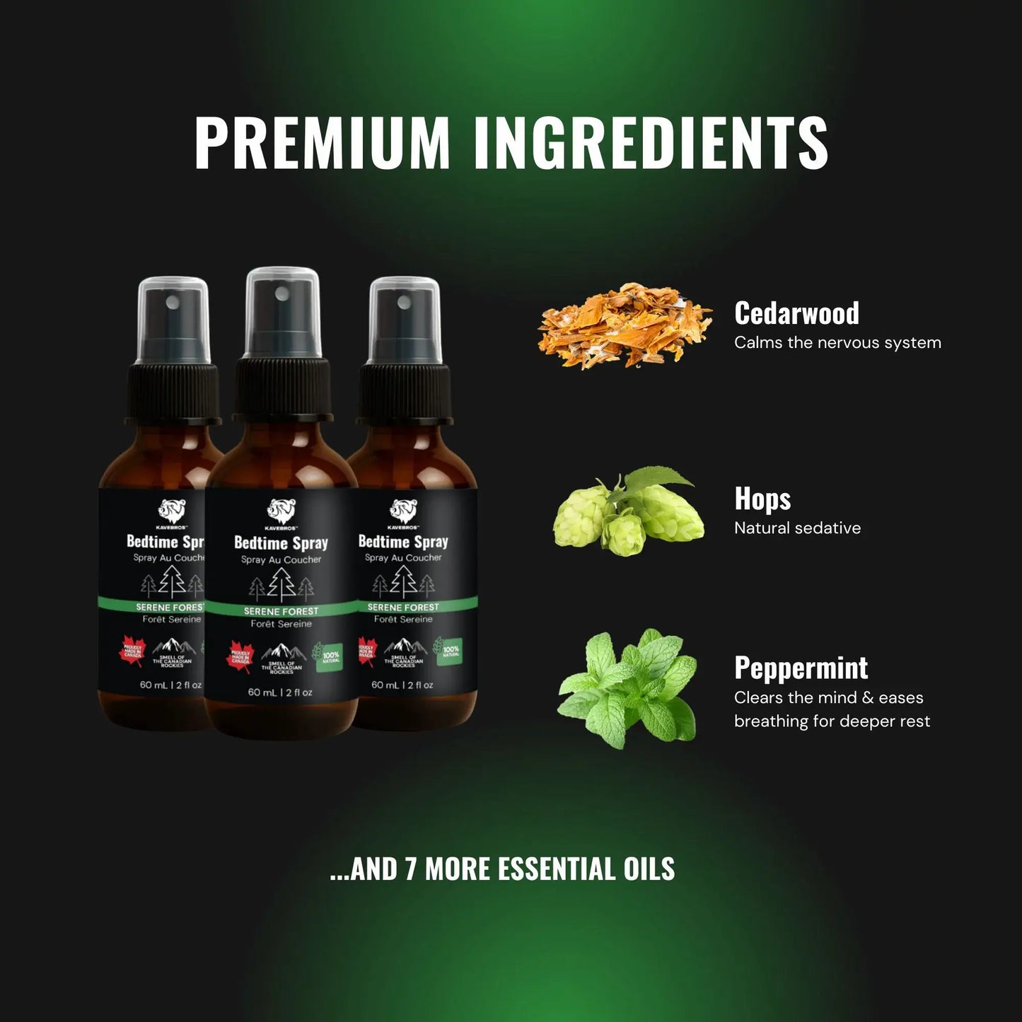 Three bottles of a KAVEBROS sleep spray with main ingredients listed on a dark green background