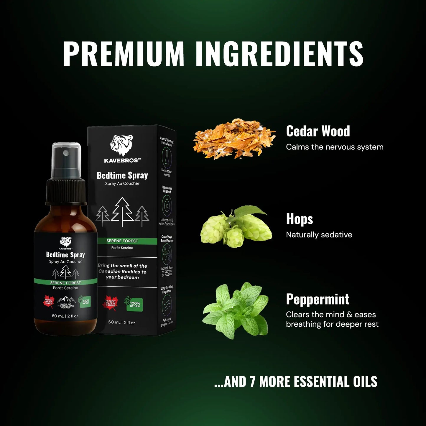KAVEBROS Bedtime Spray with ingredients listed on a dark green background