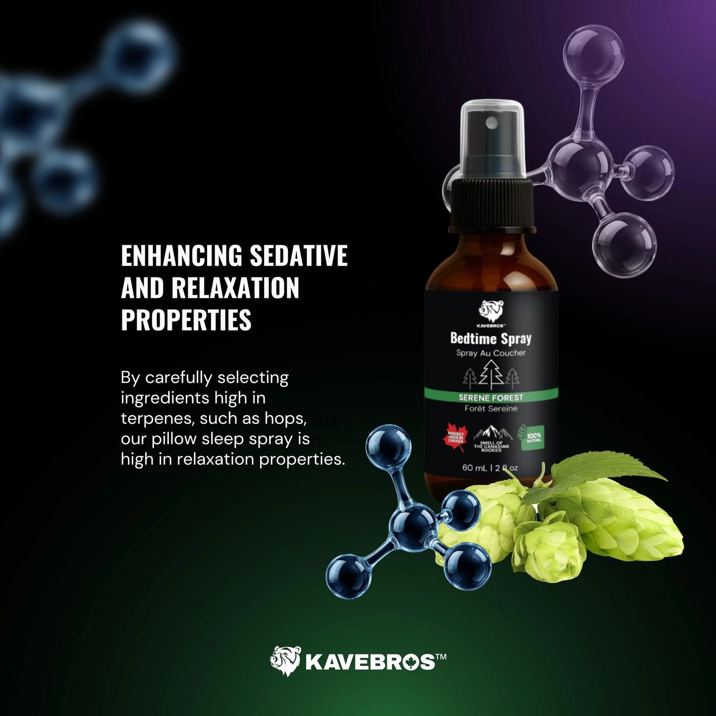 KAVEBROS bedtime spray bottle with hops and molecular structures on a dark background